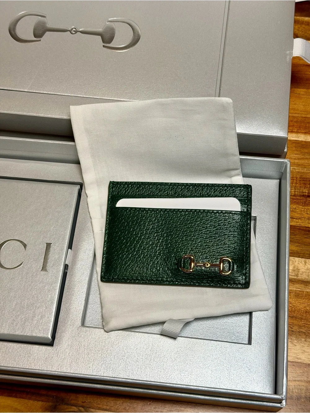 Gucci NIB Horsebit Card Case, Dark Green, Oversized Playing Cards.
